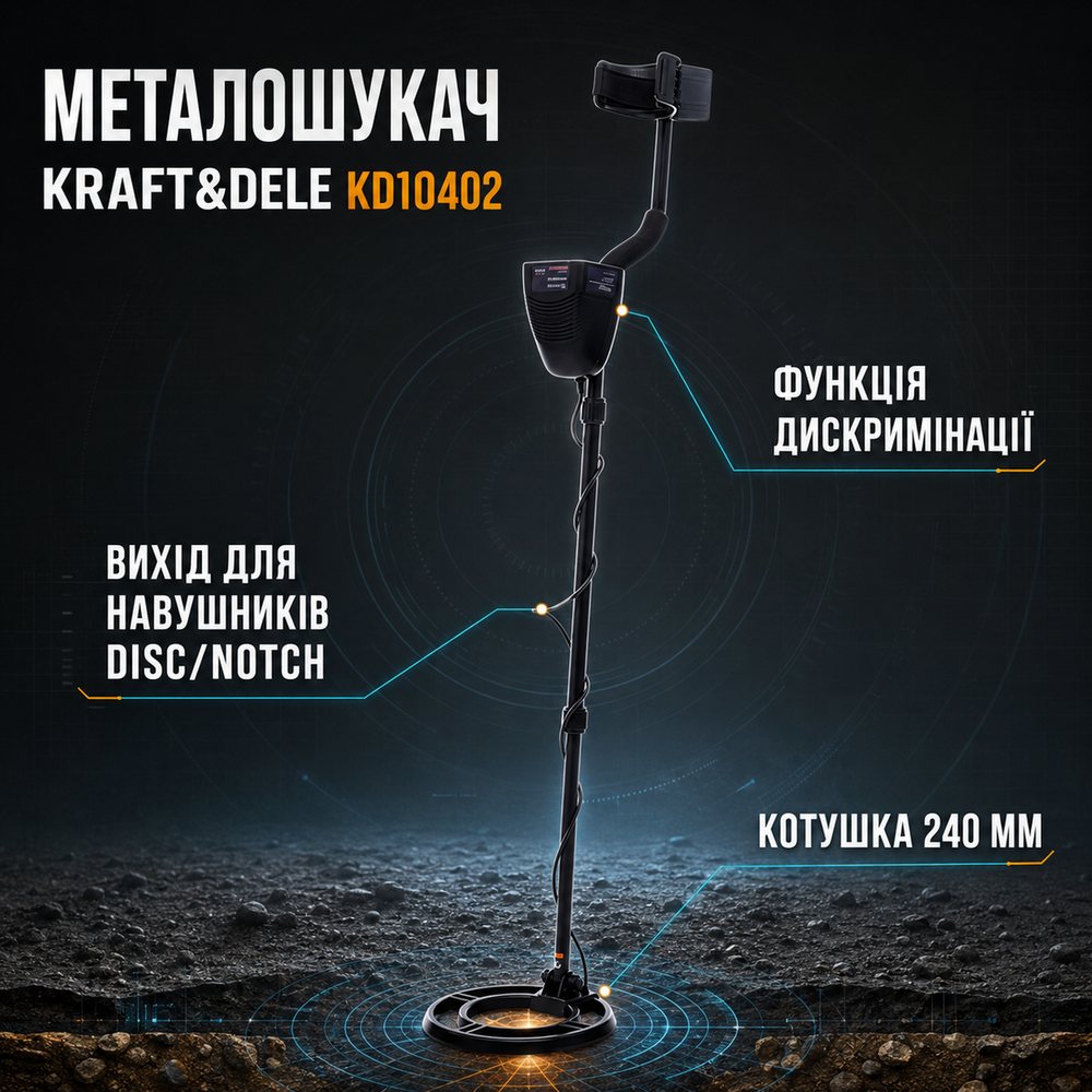 Металевошукач 6.5 кГц, 9В Kraft&Dele KD10402 металошукач для чорних і кольорових металів, фото 1